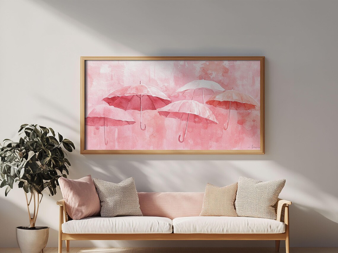 Pink Umbrellas Wide Horizontal Watercolor Rainy Day Whimsical Decor Poster - Image 4