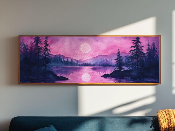 Moody Landscape Pink Moon Print Smoky Mountain Art Romantic Lake Scene Cottagecore Wall Art For Bedroom Living Room Art