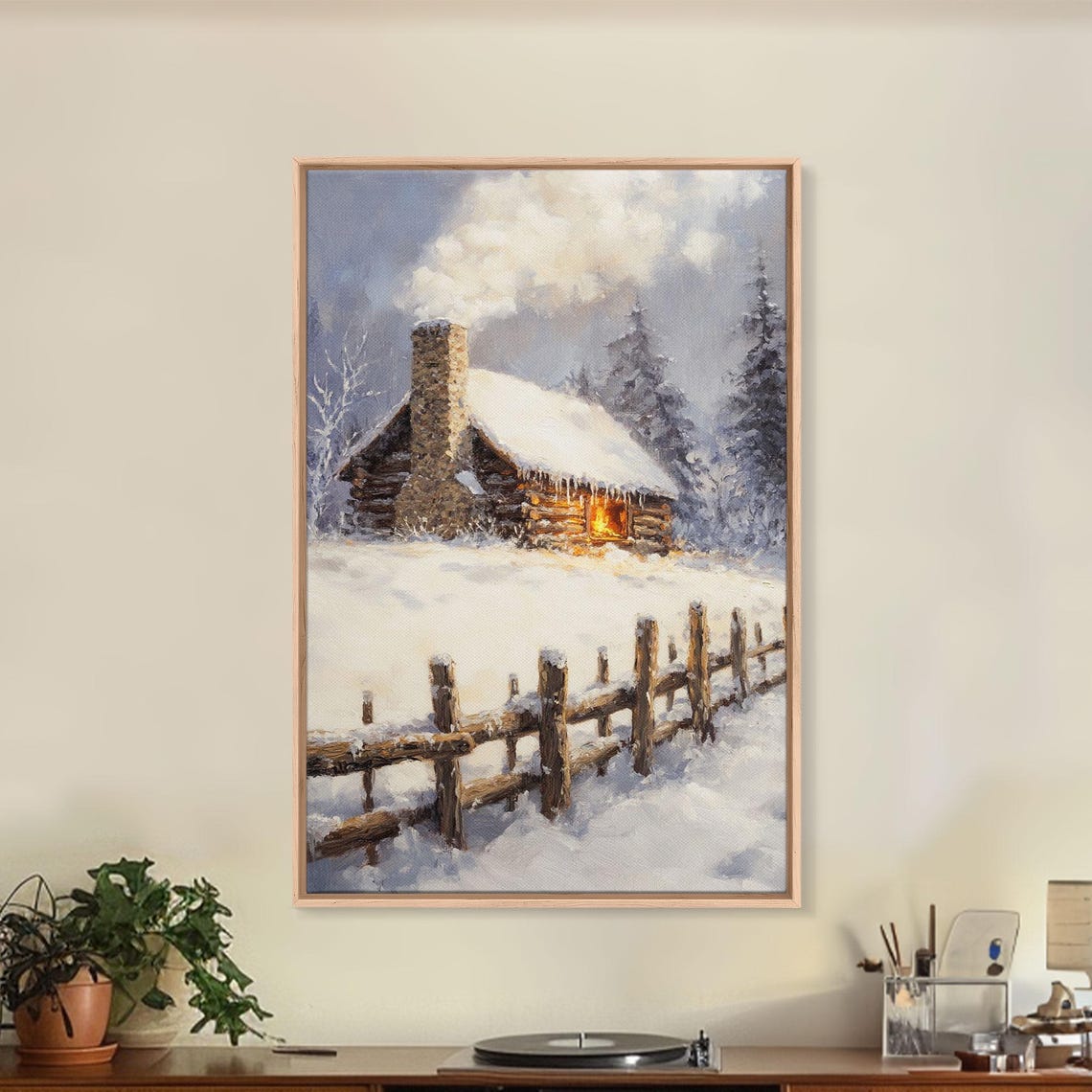 Rustic Log Cabin In Snow With Glowing Window And Fence Poster - Image 3