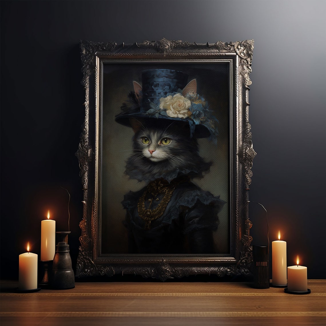 Victorian Cat Portrait In Blue Top Hat With Roses Gothic Wall Art - Image 3