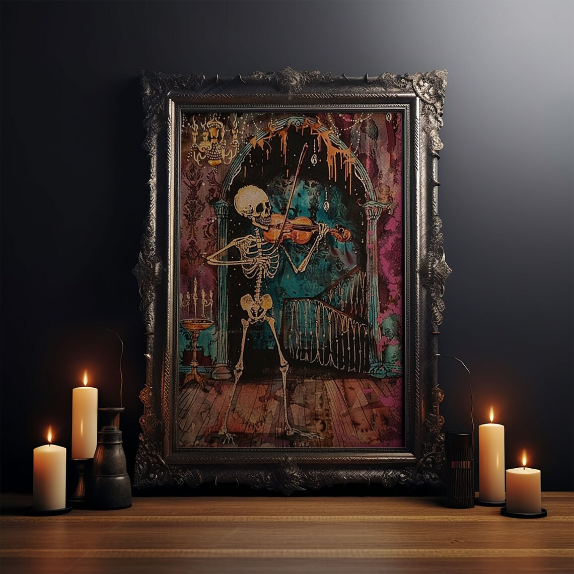 Skeleton Violinist Gothic Ballroom Chandelier Halloween Art Poster - Image 3