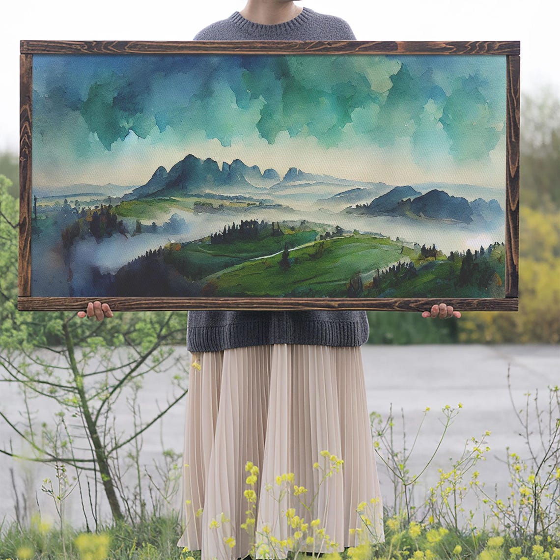Misty Blue Green Mountain Valley Watercolor Fog Rolling Hills Poster - Image 2