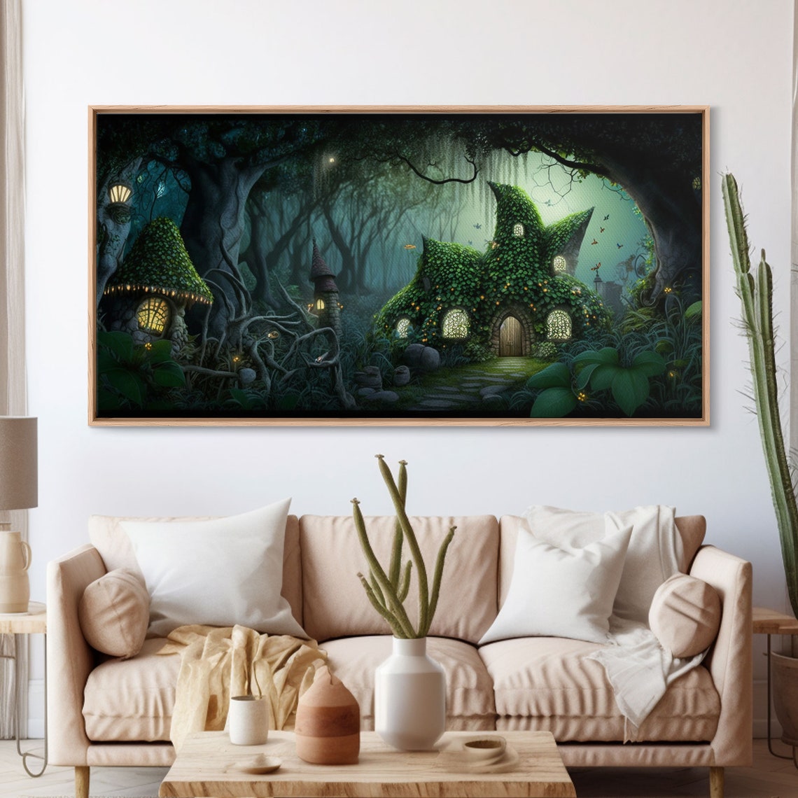 Fantasy Gnome Village Moss Cottages Dark Enchanted Forest Night Poster - Image 3