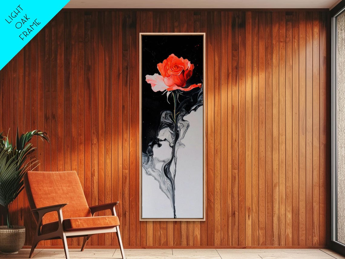 Dramatic Coral Rose Black White Smoke Swirl Modern Floral Poster - Image 5