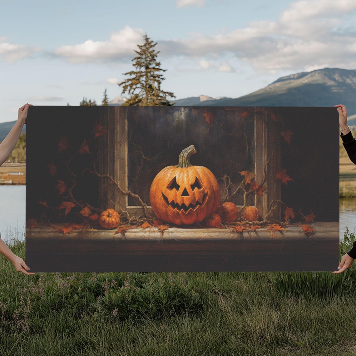 Glowing Jack O Lantern Windowsill Night Vines Spooky Pumpkin Art Poster
