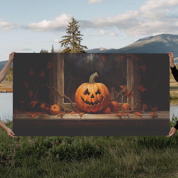 Glowing Jack O Lantern Windowsill Night Vines Spooky Pumpkin Art Poster