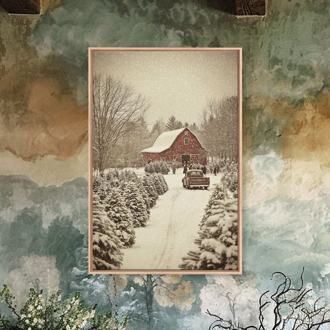 Snowy Red Barn Christmas Tree Farm With Vintage Truck Holiday Poster - Image 5
