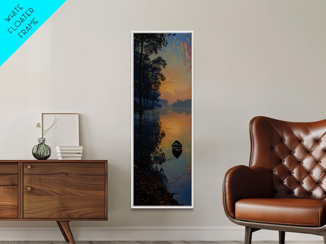 Calm River Reflection With Lone Boat Art Print - Image 2