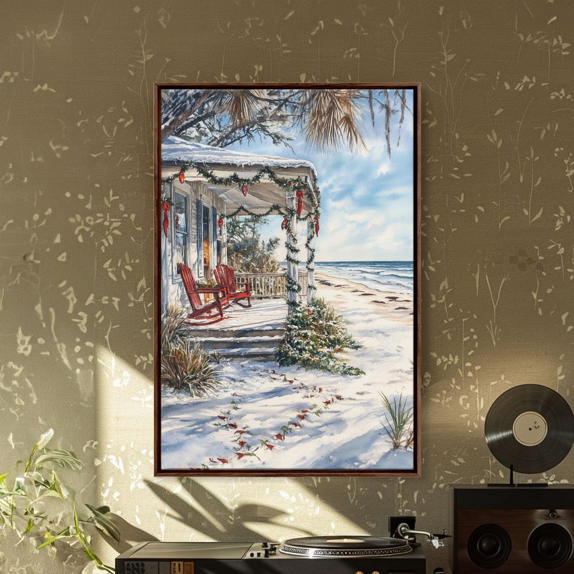 Snowy Beach Cottage Christmas Porch Garland Ocean View Poster - Image 2