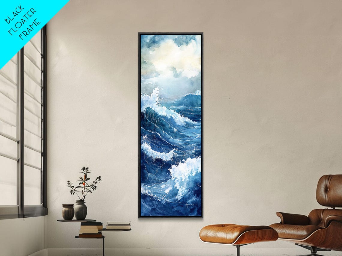Dramatic Deep Blue Ocean Storm Waves Watercolor Seascape Wall Poster - Image 5