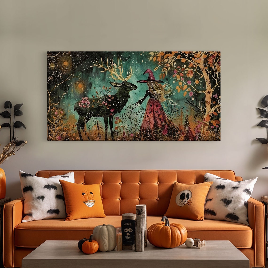 Victorian Witch With Deer Familiar In Starry Autumn Forest Art Print - Image 5