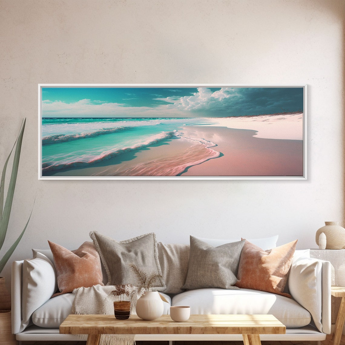 Panoramic Turquoise Ocean Waves Pink Sand Beach Cloudy Sky Wall Poster - Image 5