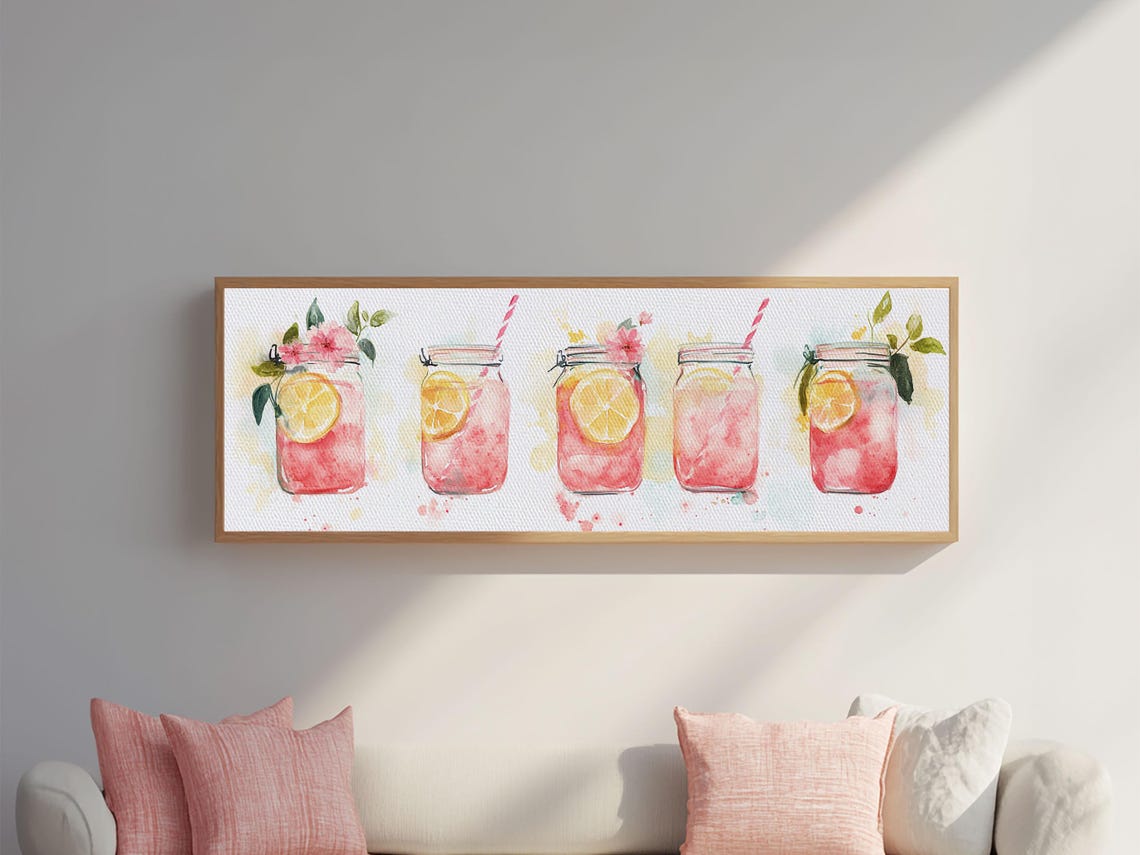 Pink Lemonade Mason Jars Row Watercolor Kitchen Panoramic Art Poster - Image 2