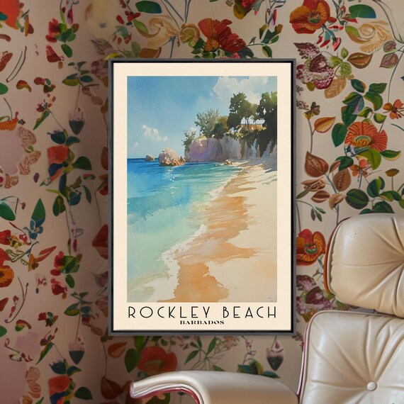 Rockley Beach Barbados Cliff Shore Sea Rocks Watercolor Travel Poster