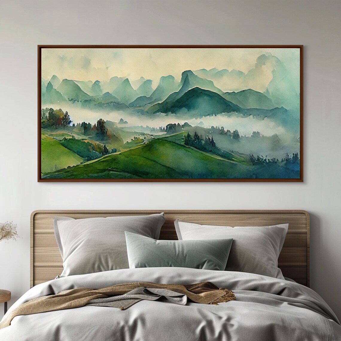 Foggy Mountain Valley Watercolor Panoramic Art Print - Image 6