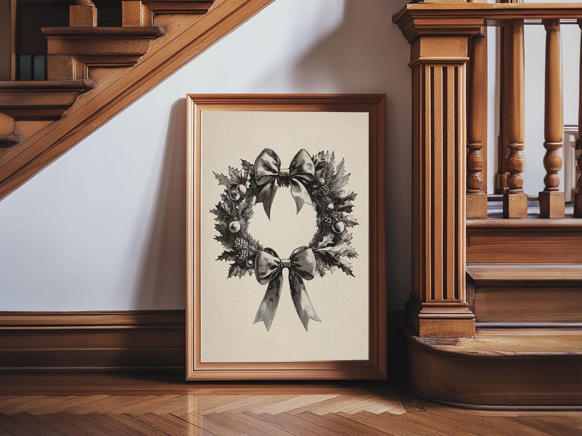 Christmas Wreath Sketch Bow Black And White Minimalist Holiday Poster