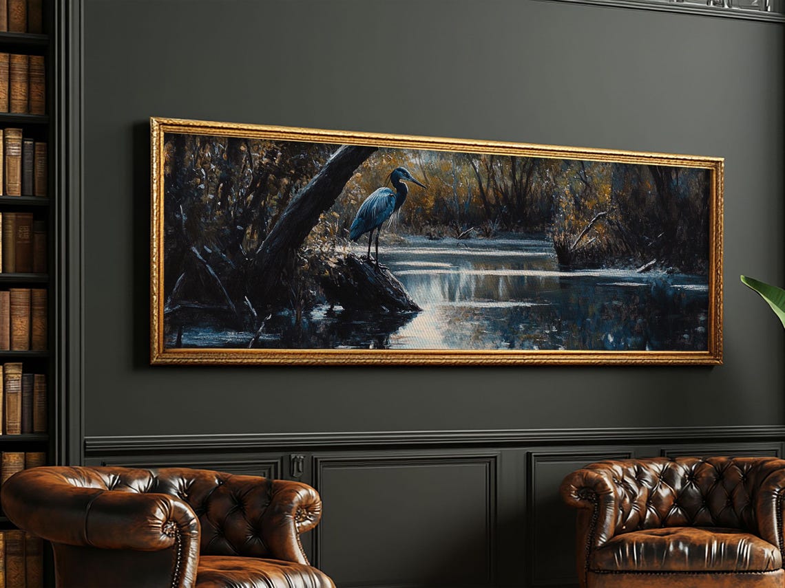 Great Blue Heron In Dark Marsh Water Panoramic Wildlife Painting Print - Image 5