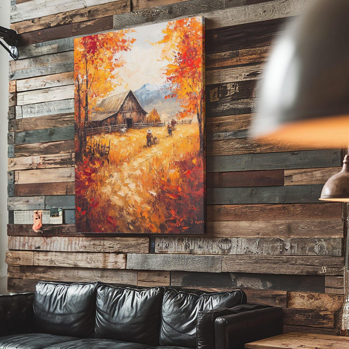 Autumn Barnyard With Barn Golden Field Mountain View Art Poster - Image 3