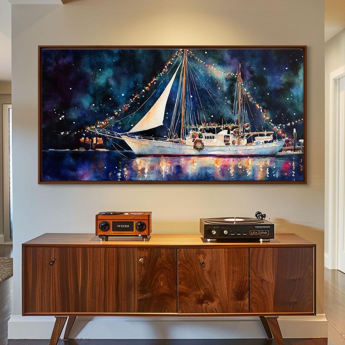 Christmas Sailboat With Holiday Lights Night Harbor Art Print