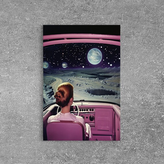 Retro 1950s Sci-Fi Woman Driving Pink Car Lunar Landscape Space Poster