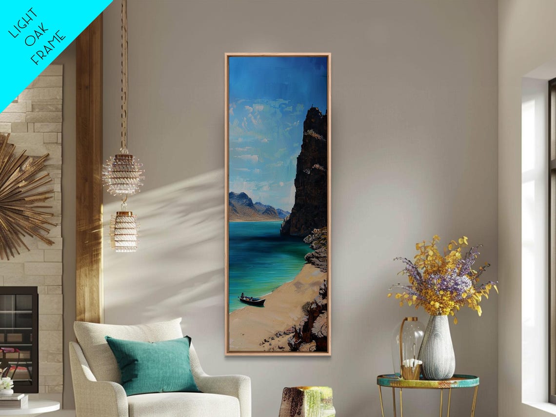 Rocky Cliff Cove Turquoise Bay Sandy Beach Boat Coastal View Poster