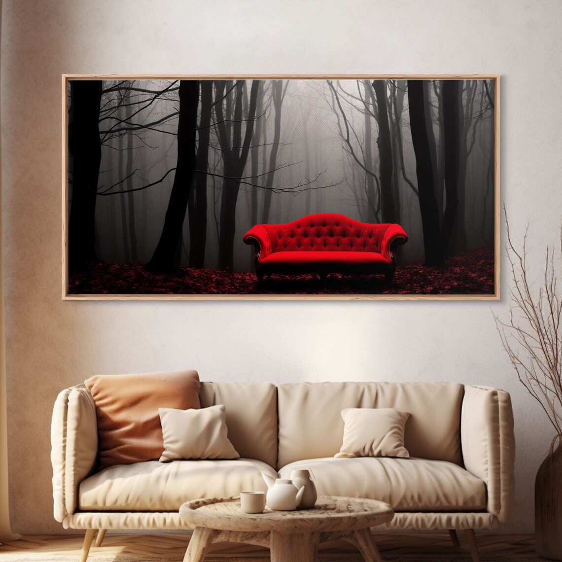 Red Sofa in a Forest, Creepy Halloween Art Print - Image 4