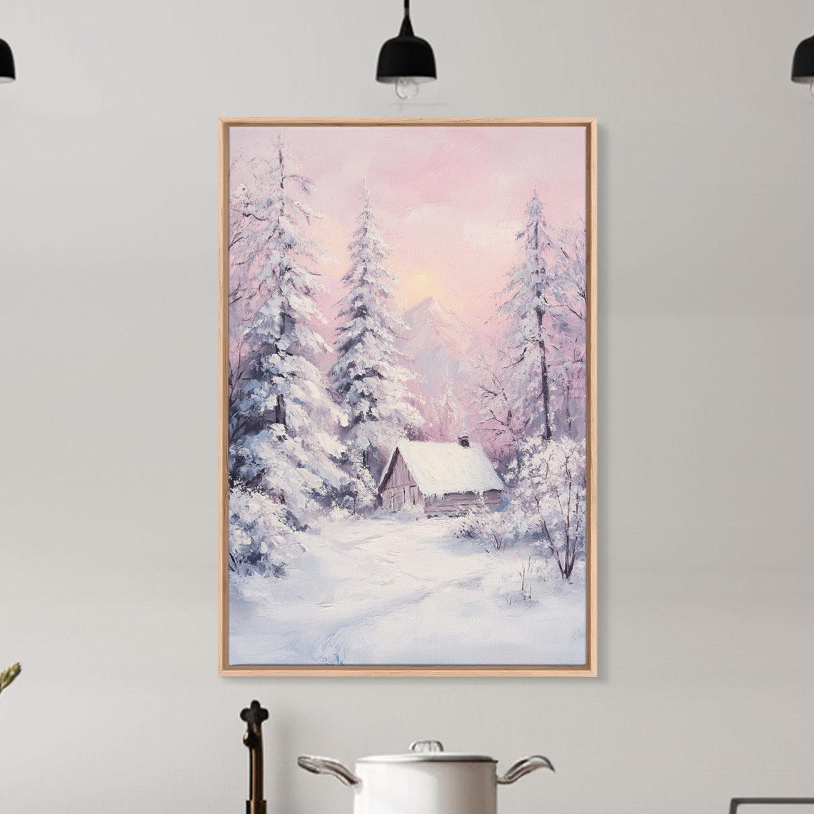 Pink Sunset Snowy Cabin In Winter Pine Forest Hideaway Poster - Image 2