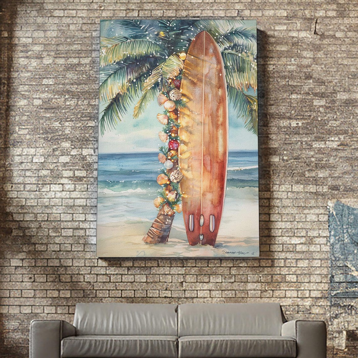 Christmas Surfboard With Garland And Seashells By Palm Tree Poster - Image 3