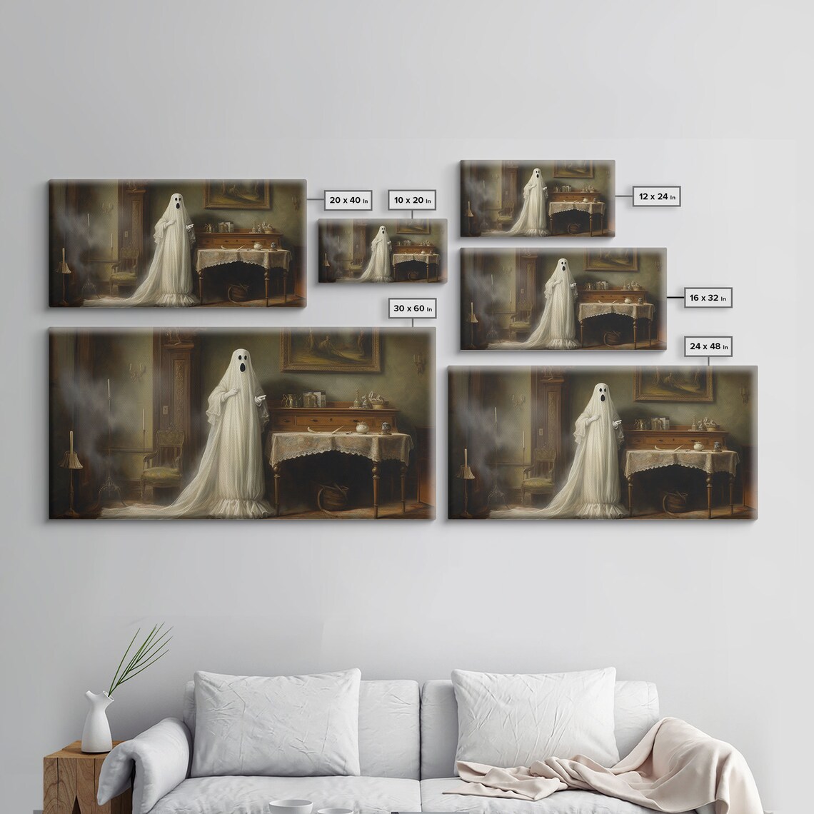 Sheet Ghost Victorian Parlor Standing Spooky Oil Painting Halloween Art Poster - Image 5