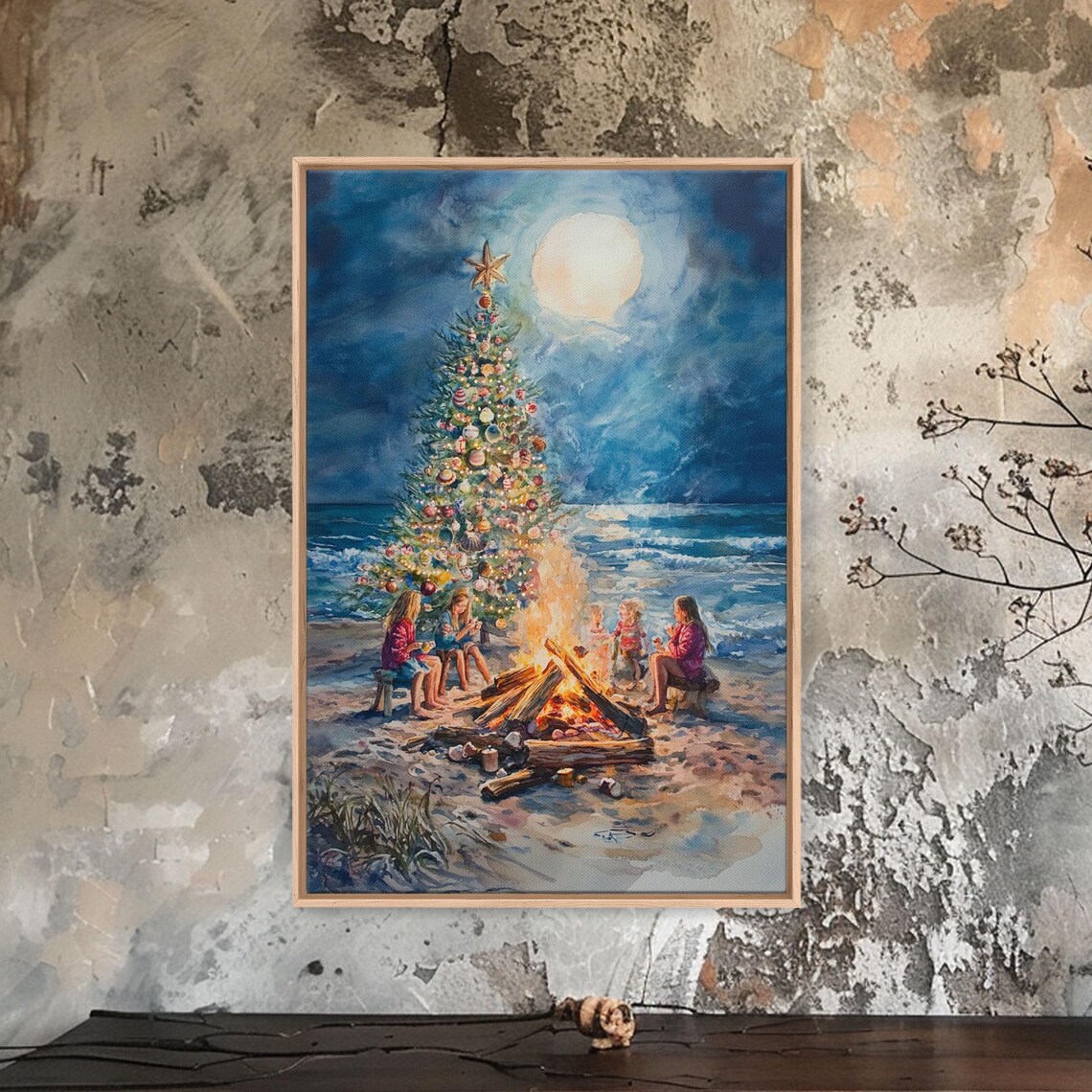 Family Beach Bonfire With Christmas Tree Under Moonlit Ocean Poster - Image 2
