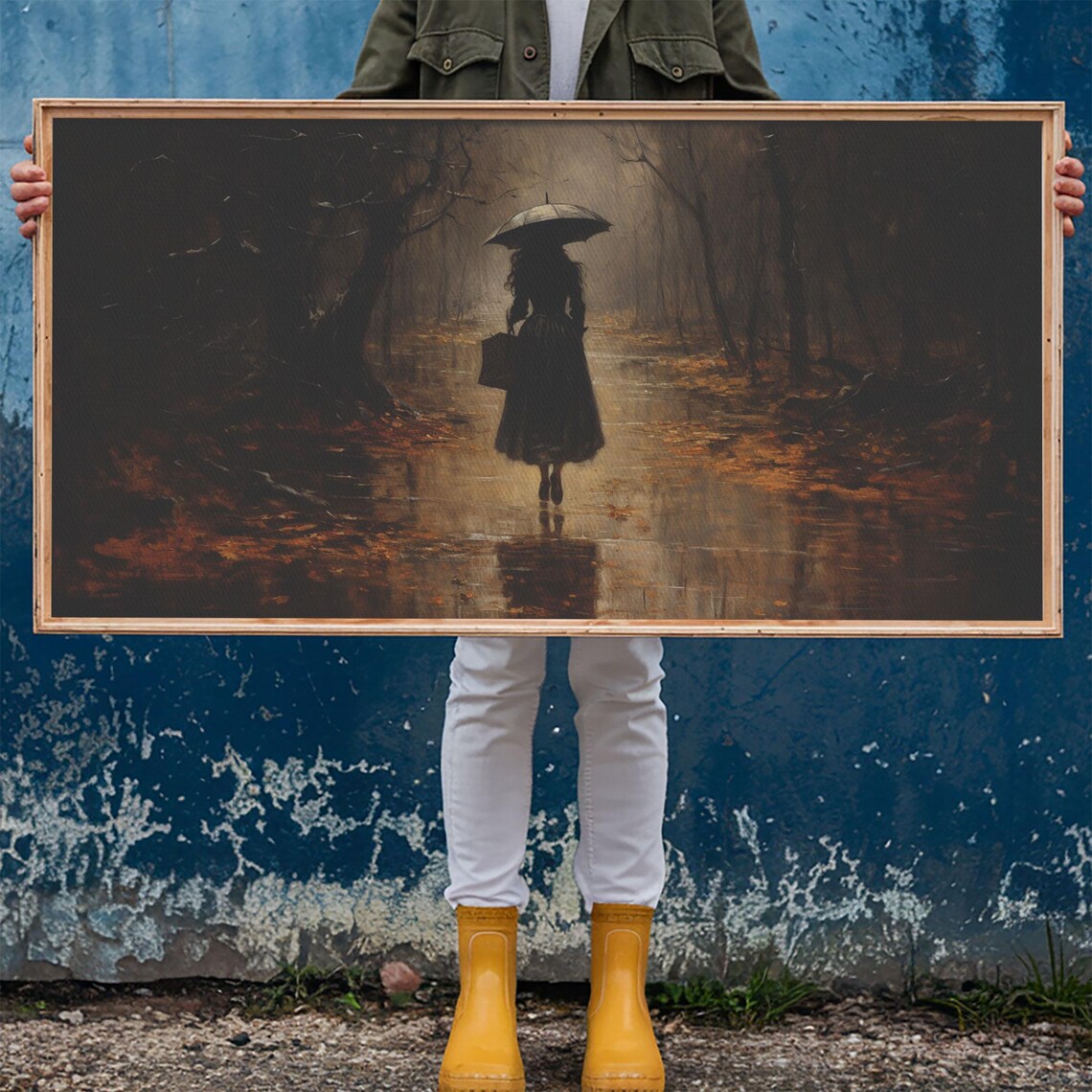 Witch Walking in Rain Autumn Forest Umbrella Dark Oil Painting Poster - Image 6