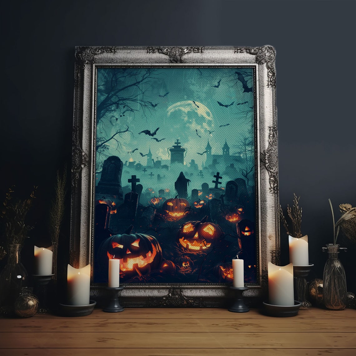 Bats And Jack O Lanterns Foggy Graveyard Full Moon Art Poster