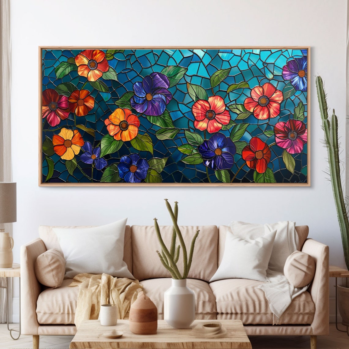 Stained Glass Flowers Turquoise Mosaic Colorful Blooms Wall Art Poster - Image 3