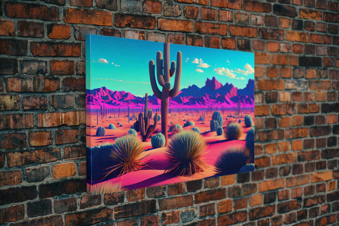 Synthwave Cactus Desert Neon Pink Mountains Saguaro Retro Art Poster - Image 5