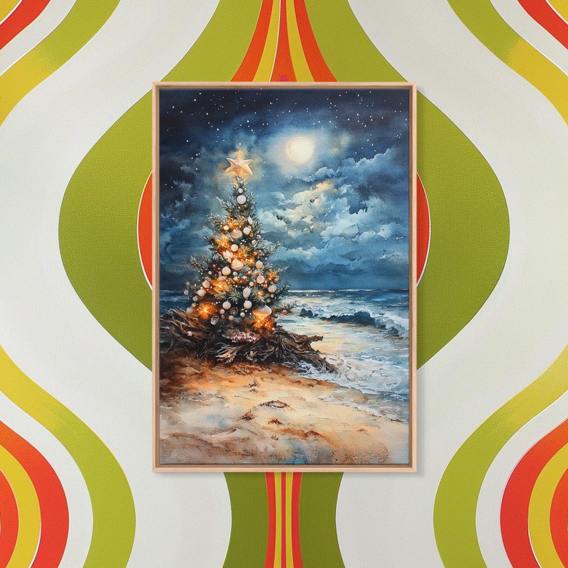 Christmas Tree Beach Night Moonlight Ornaments Watercolor Wall Art - Image 5