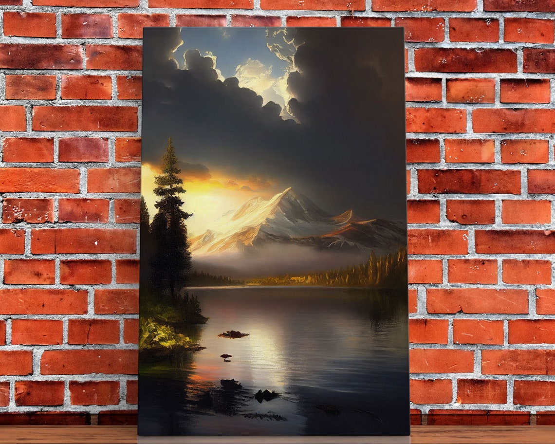 Dramatic Snowy Mountain Lake Sunset Storm Clouds Landscape Oil Poster - Image 5
