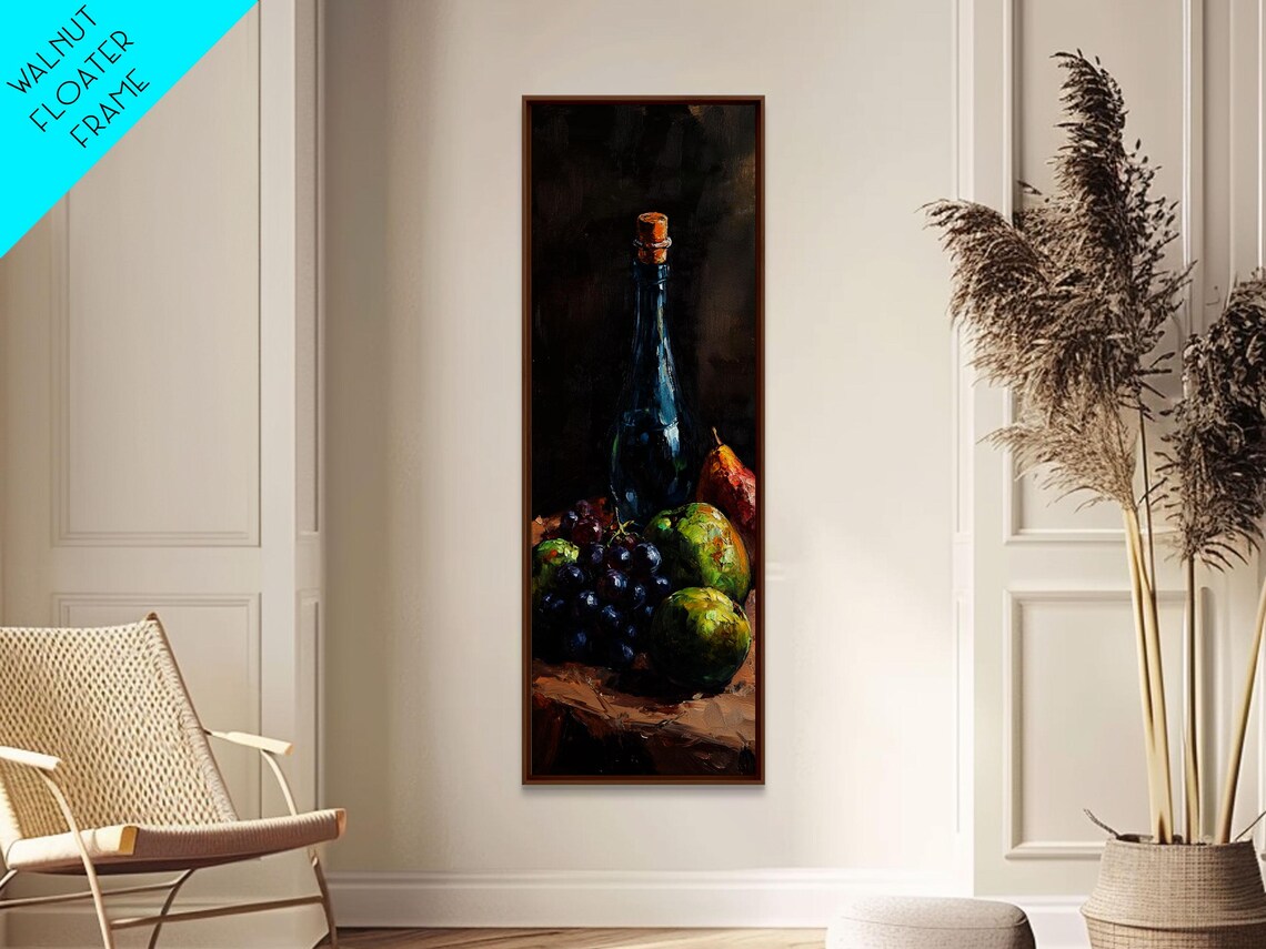 Dark Wine Bottle Grapes Pears Moody Still Life Oil Painting Poster - Image 2