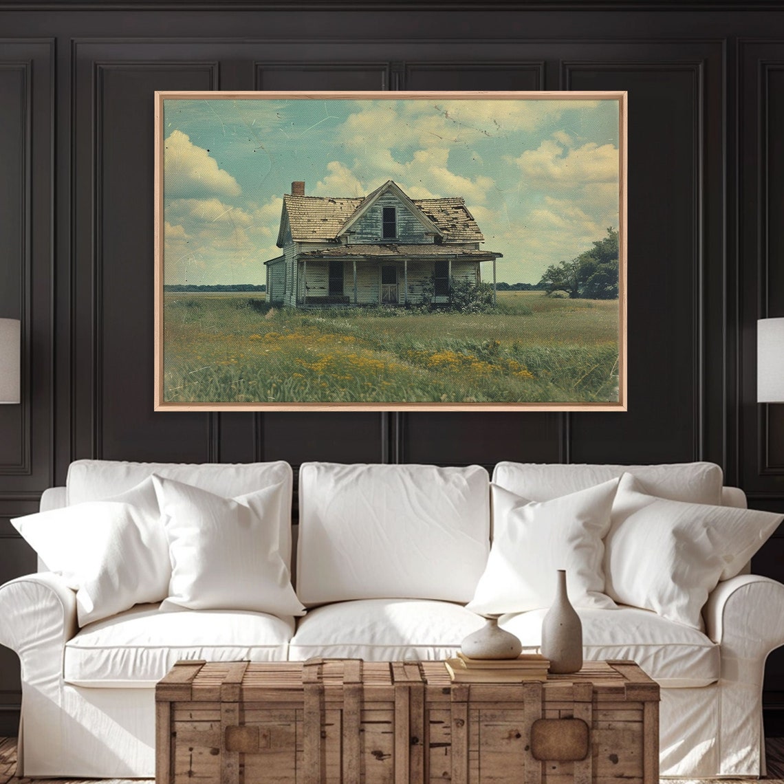Abandoned Vintage Farmhouse Prairie Field Distressed Retro Art Poster - Image 2
