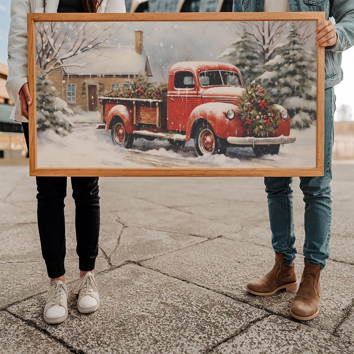 Vintage Red Truck With Wreath Hauling Tree In Snow Farmhouse Poster - Image 5