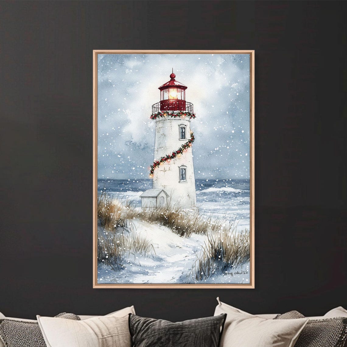 White Lighthouse Wrapped In Christmas Garland In Snowstorm Poster - Image 4