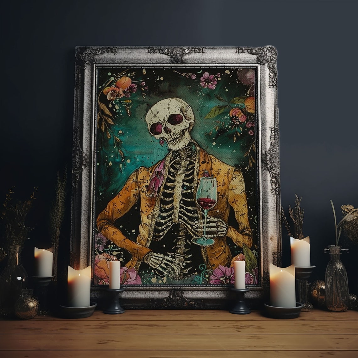 Colorful Day Of Dead Skeleton Gentleman Wine Glass Art Poster