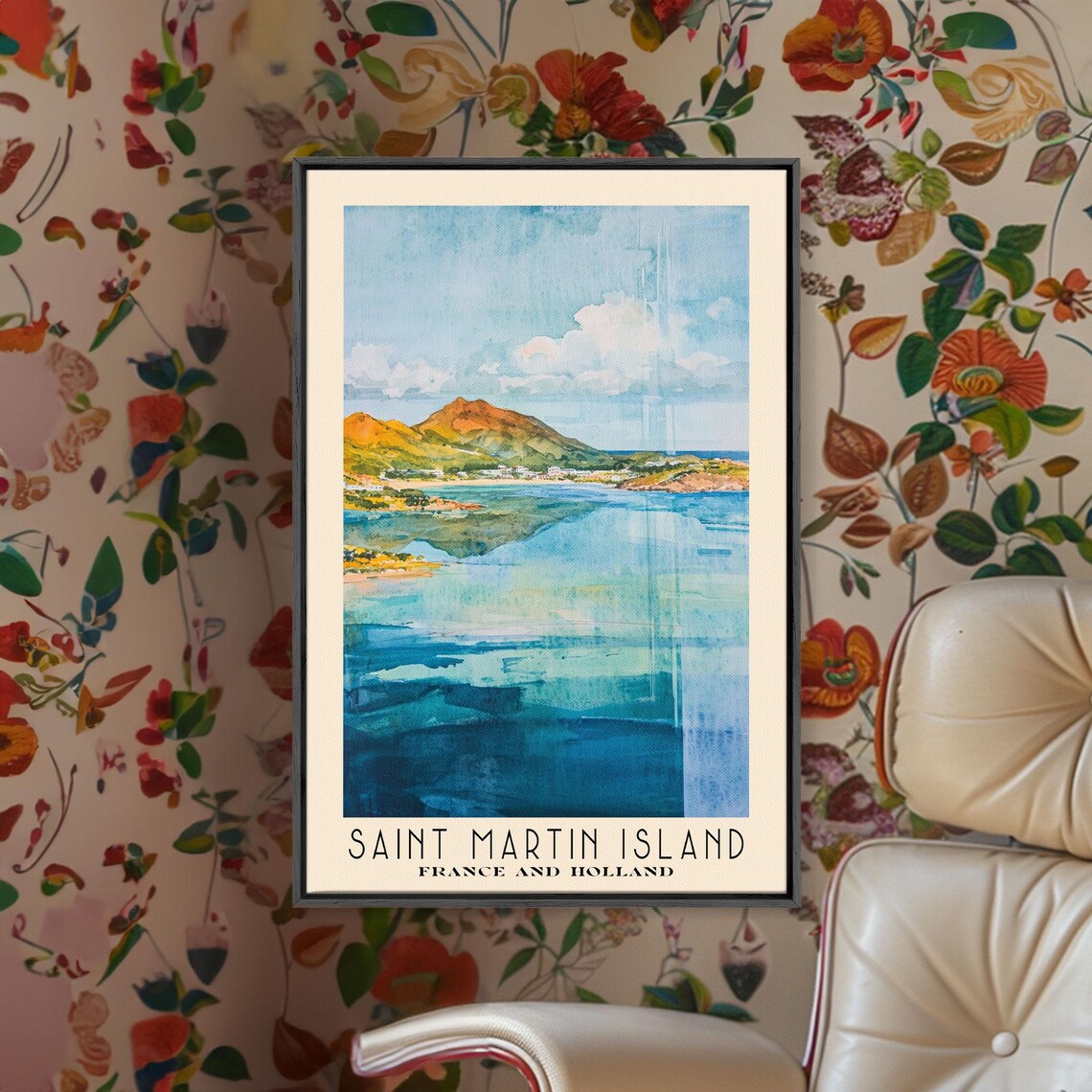 Saint Martin Island France Holland Turquoise Bay Watercolor Travel Poster