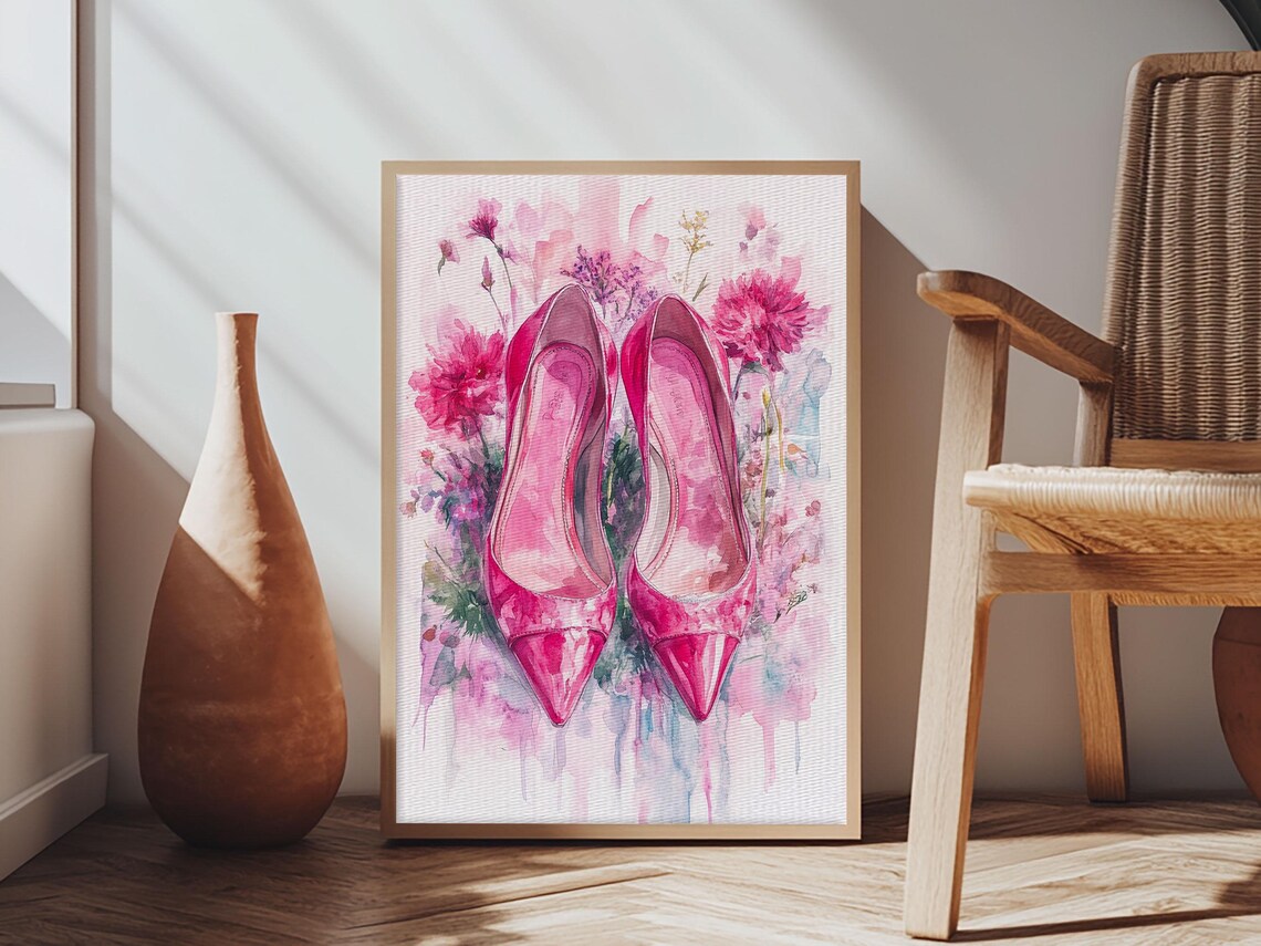 Pink High Heels Floral Watercolor Feminine Fashion Art Print - Image 5