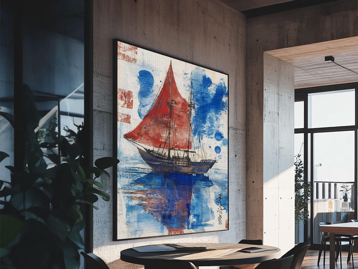 Japanese Sailboat With Red Sails Blue Watercolor Nautical Art Poster - Image 3