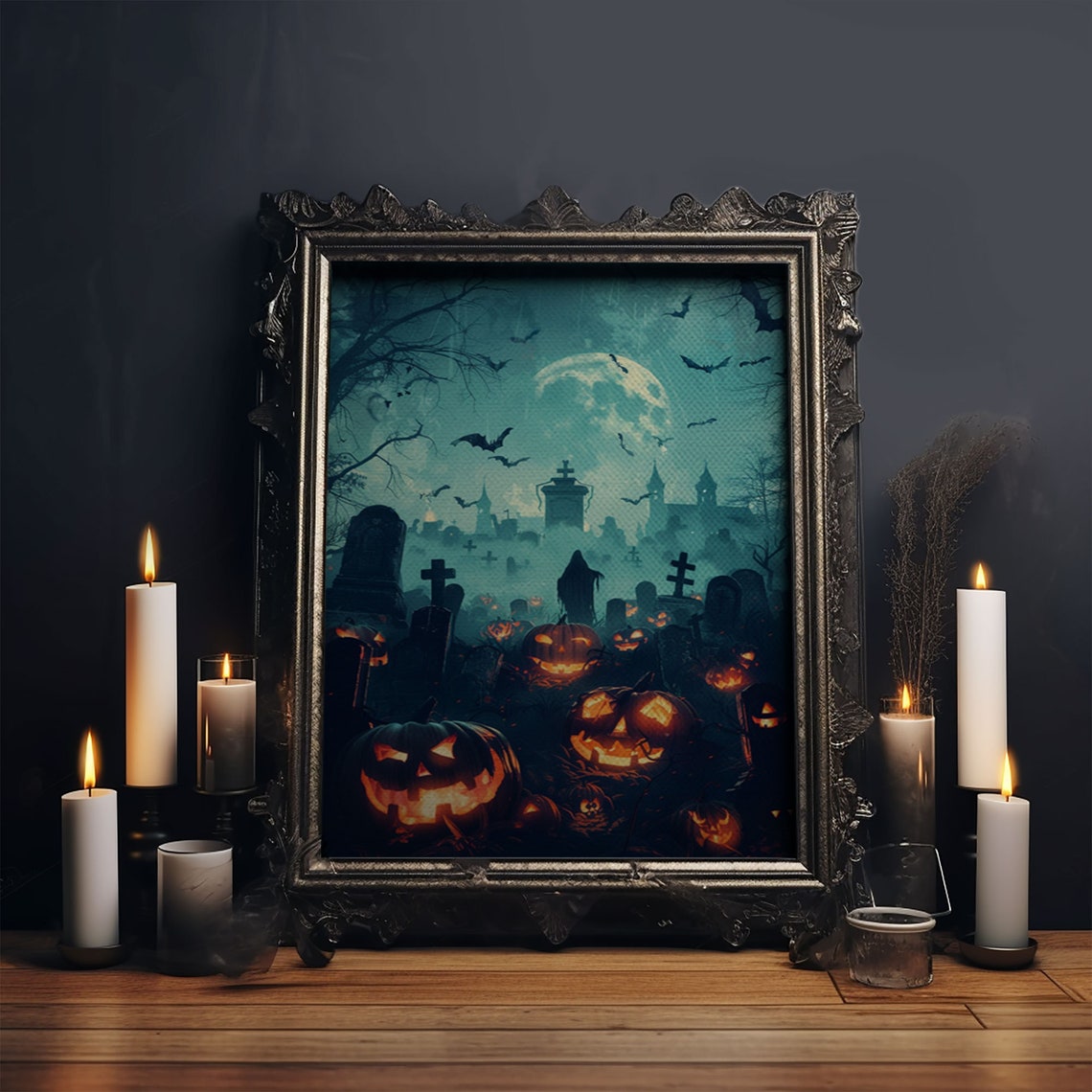 Bats And Jack O Lanterns Foggy Graveyard Full Moon Art Poster - Image 5