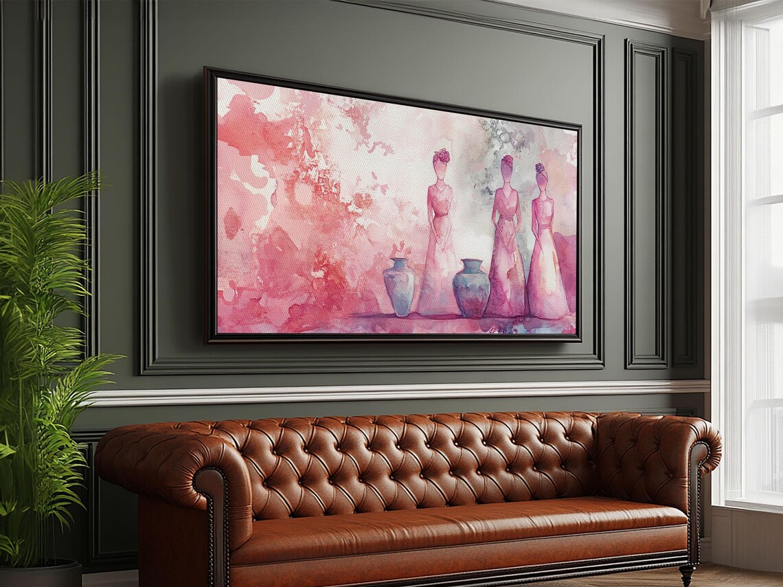 Pink Abstract Women With Vases Wide Wabi Sabi Watercolor Wall Art