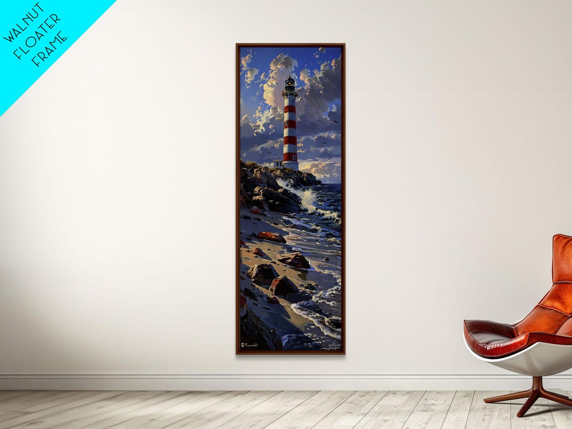 Red White Striped Lighthouse Rocky Shore Waves Blue Sky Poster - Image 4