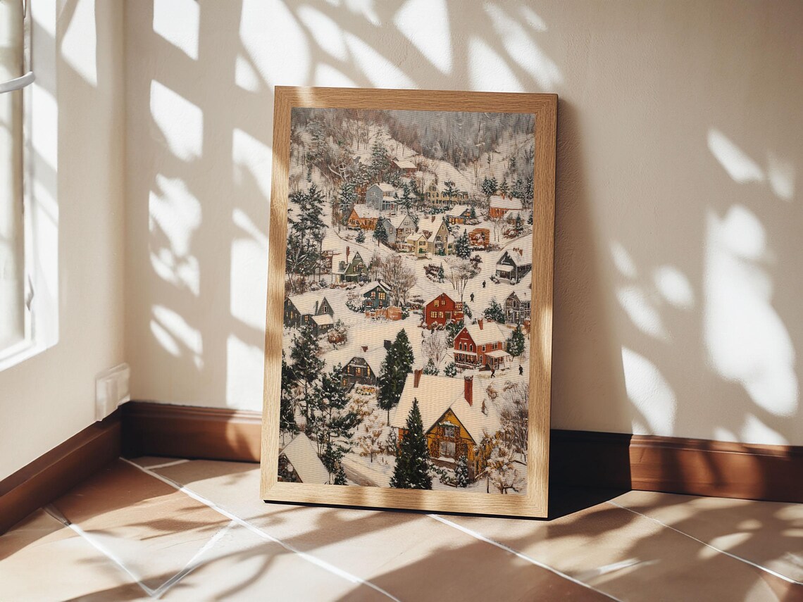 Christmas Village Covered In Snow Framed Print Christmas Oil Painting Print Vintage Christmas Art Print Christmas Wall Art - Image 2
