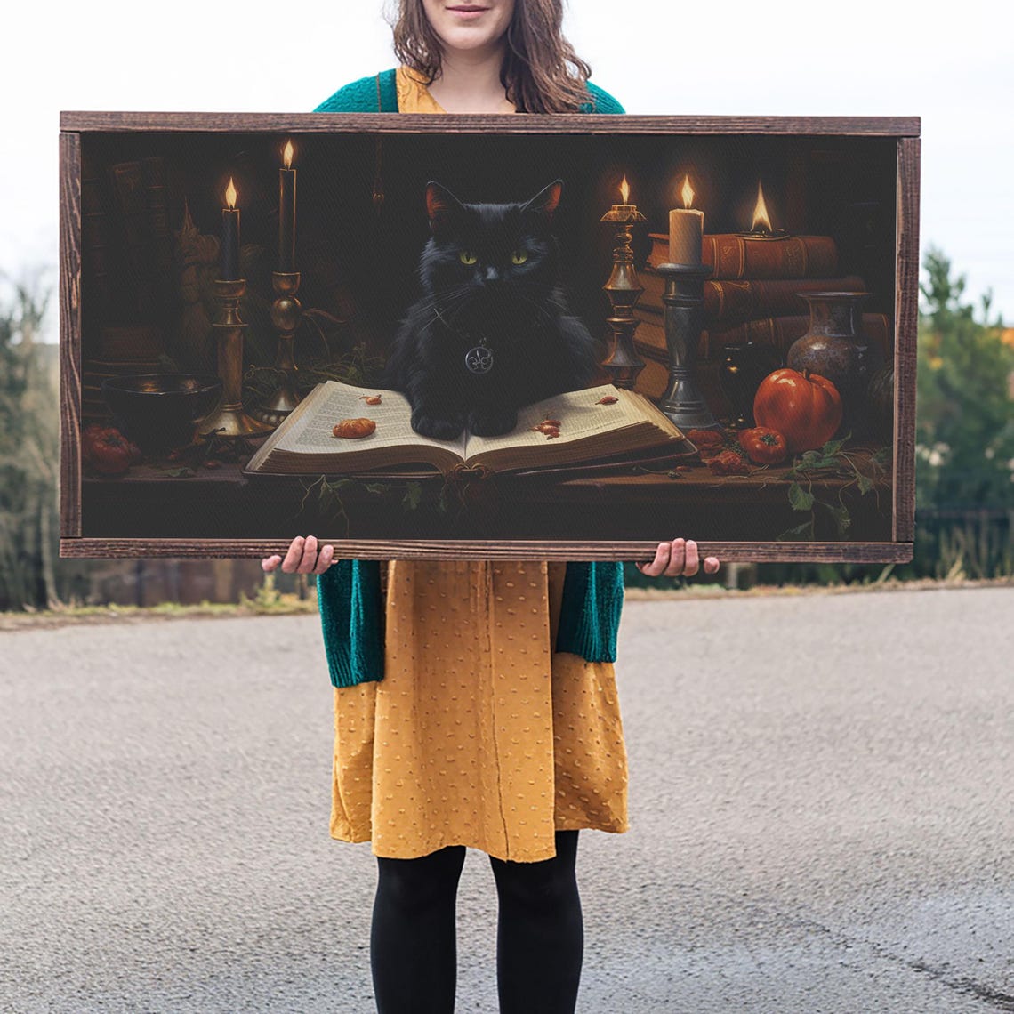 Black Cat Witch Familiar Spell Book Candlelight Dark Academia Poster
