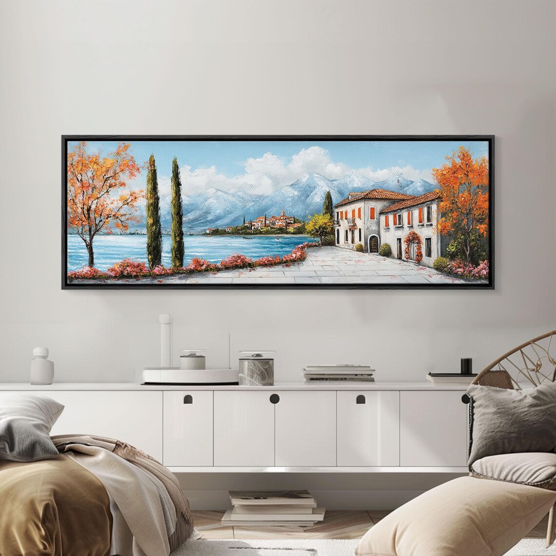 Italian Lakeside Village Cypress Trees Mountain Lake View Poster